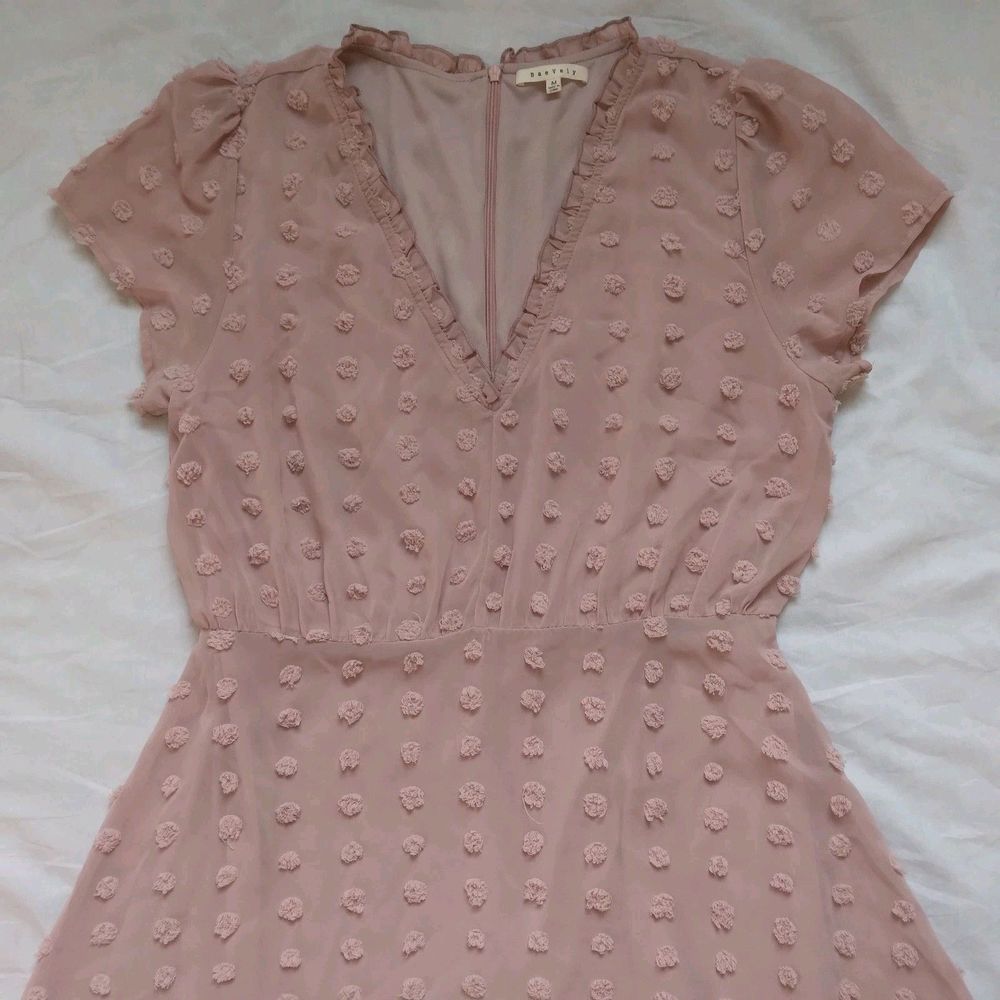 BaeVely Pink Swiss Dot V-neck Dress Cottagecore Coquette Fairy Womens Medium - Picture 3 of 12